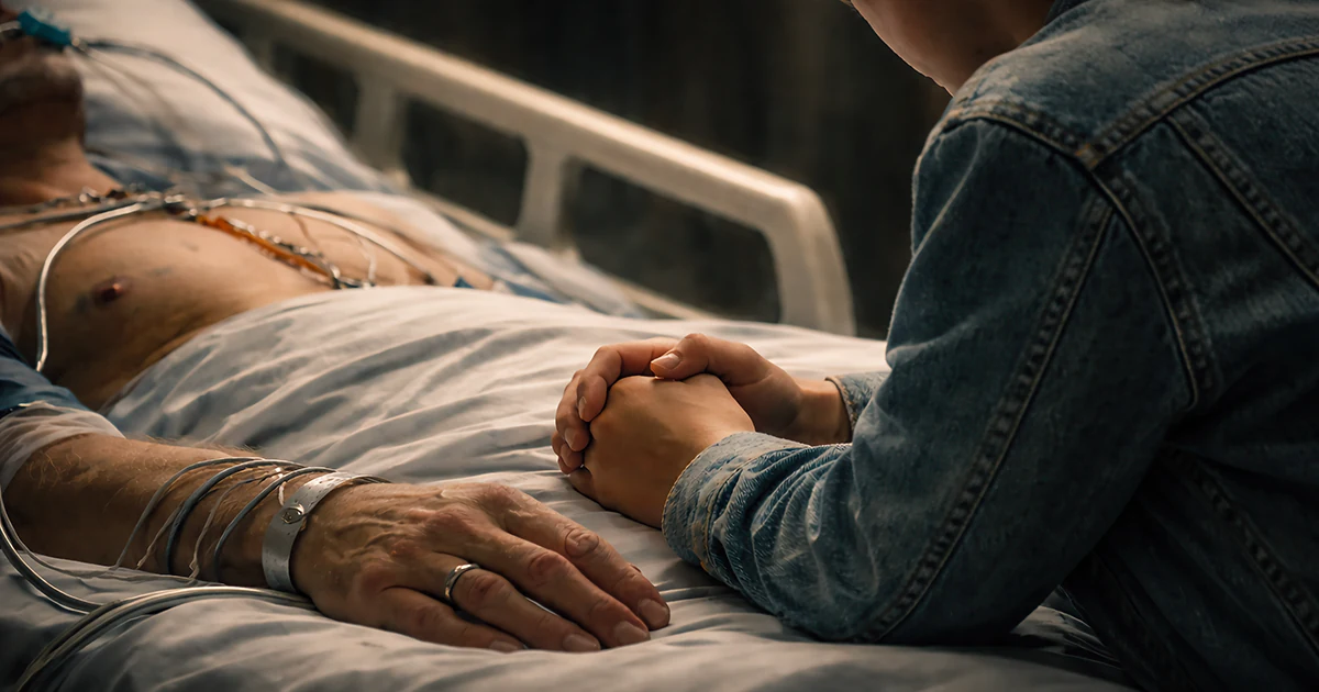 A boy at the bedside of his father in a cardiac intensive care unit, with the father's wedding band visible in the foreground.