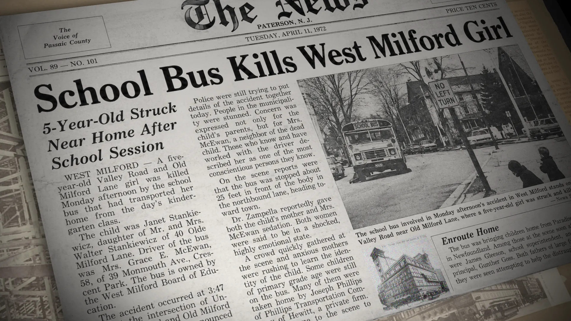 A front-page presentation of The News from Paterson, New Jersey, dated April 11, 1972, carrying the story about the West Milford school bus accident.