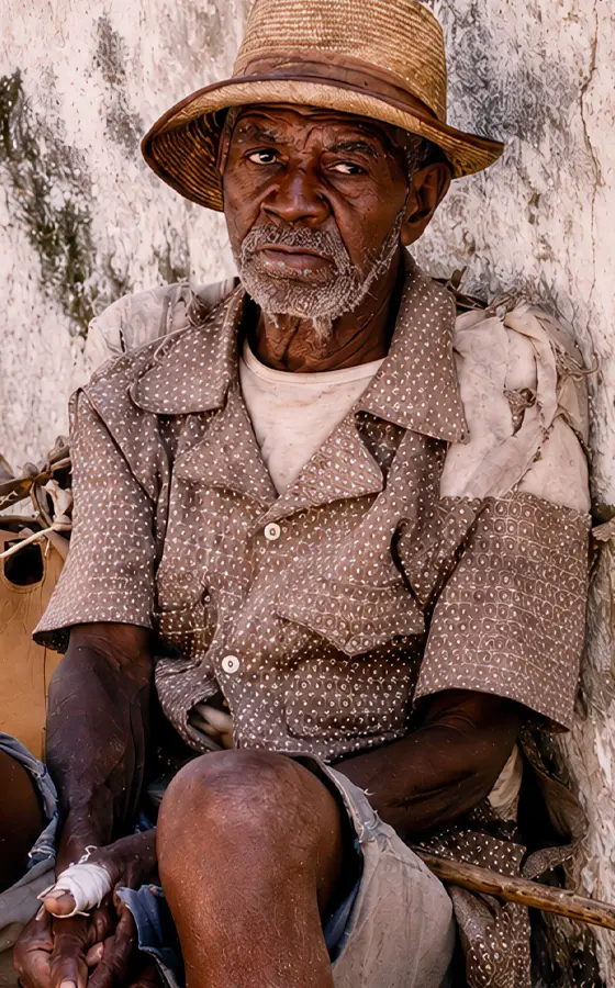 Portrait of a man seated against a wall in Port-au-Prince, Haiti photographed by Richard Zampella